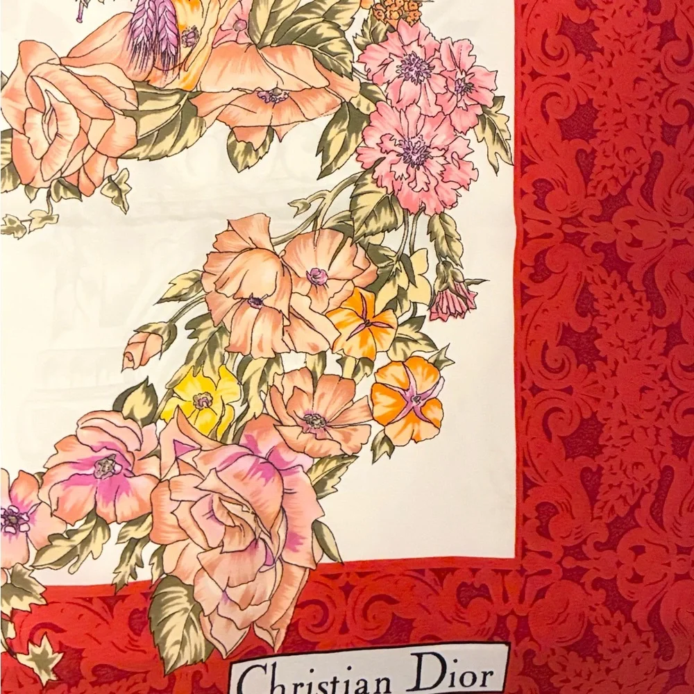 Christian Dior Floral Red and Cream Scarf